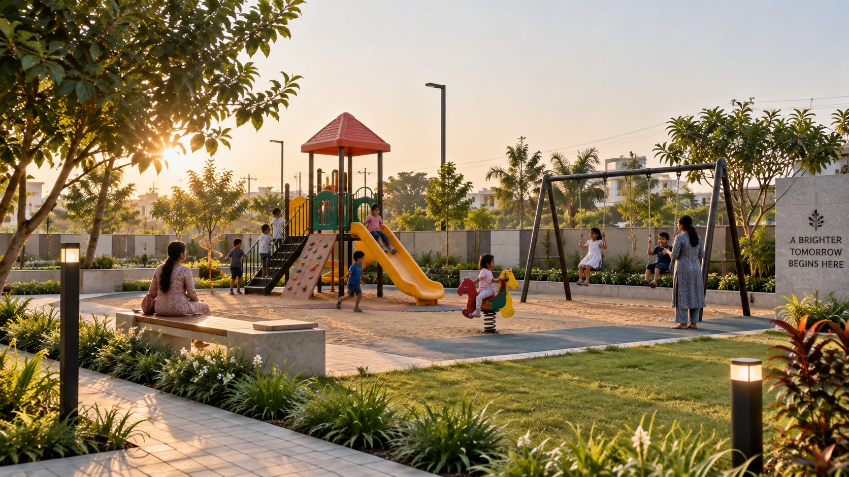 Kids play area with slides and swings in a landscaped park
